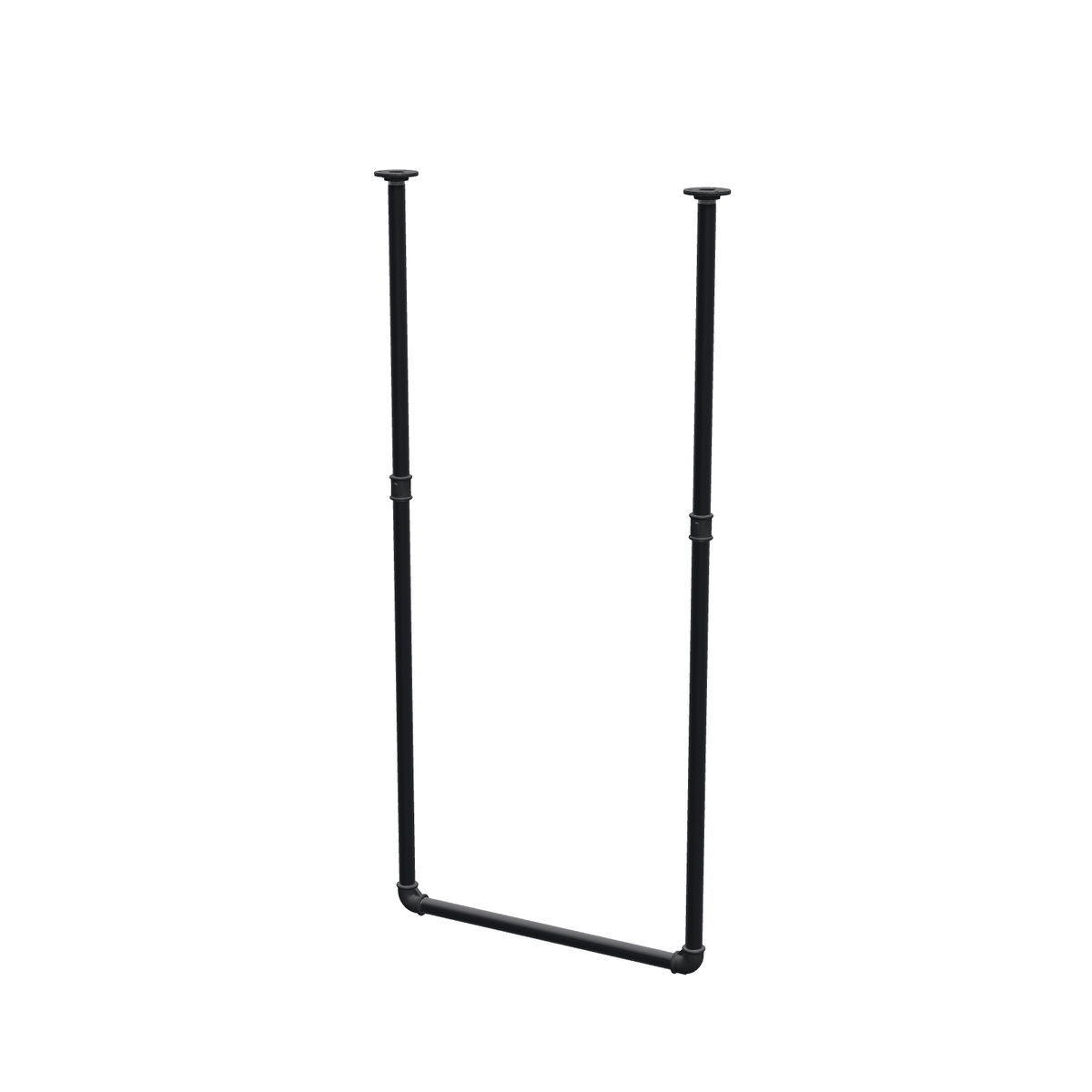 Portant à vêtements suspendu au plafond en tubes d'acier peints noir mat Ø 27 mm — largeur 56 cm, hauteur sous plafond 123 cm, vue de trois quarts sur fond blanc