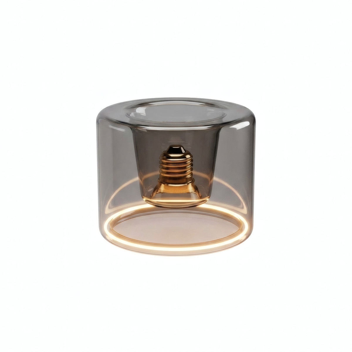 Lampadina LED donut E27 in vetro fumé, Ø 120 mm, accesa, anello luminoso caldo, sfondo bianco