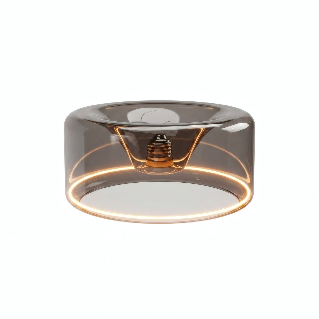 Lampadina LED donut E27 in vetro fumé, Ø 195 mm, accesa, anello luminoso caldo, sfondo bianco