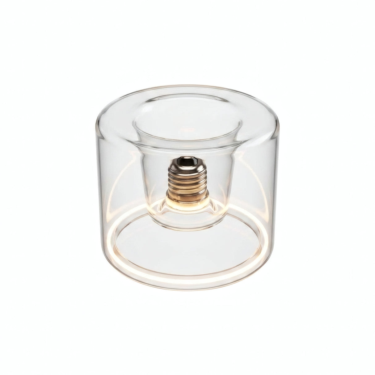Lampadina LED donut E27 in vetro trasparente, Ø 120 mm, accesa, anello luminoso caldo, sfondo bianco