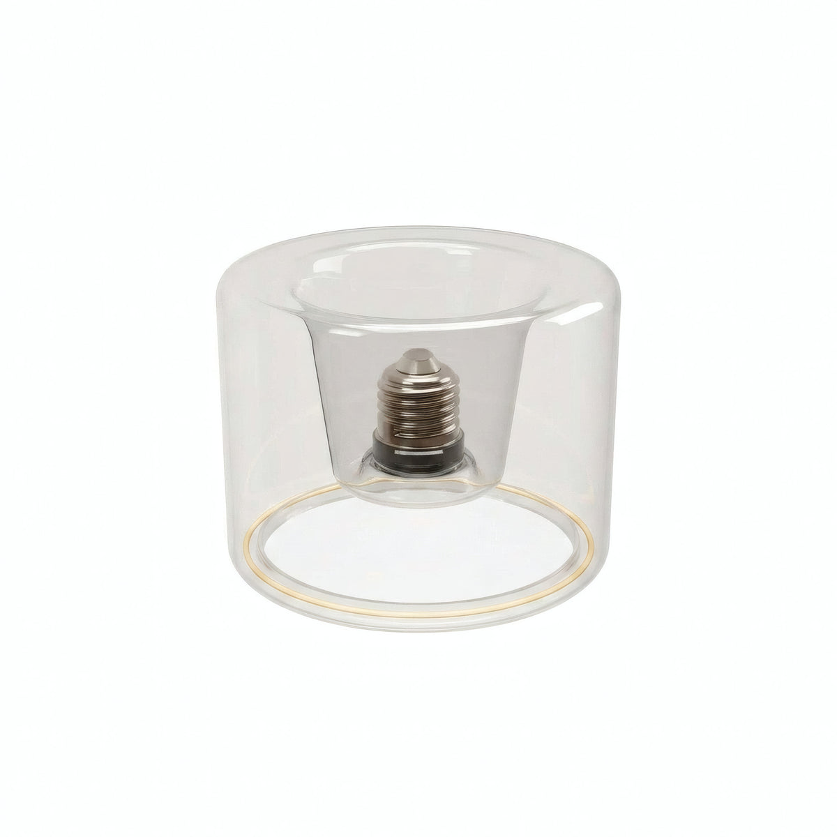 Lampadina LED donut E27 in vetro trasparente, Ø 120 mm, vista di tre quarti, sfondo bianco