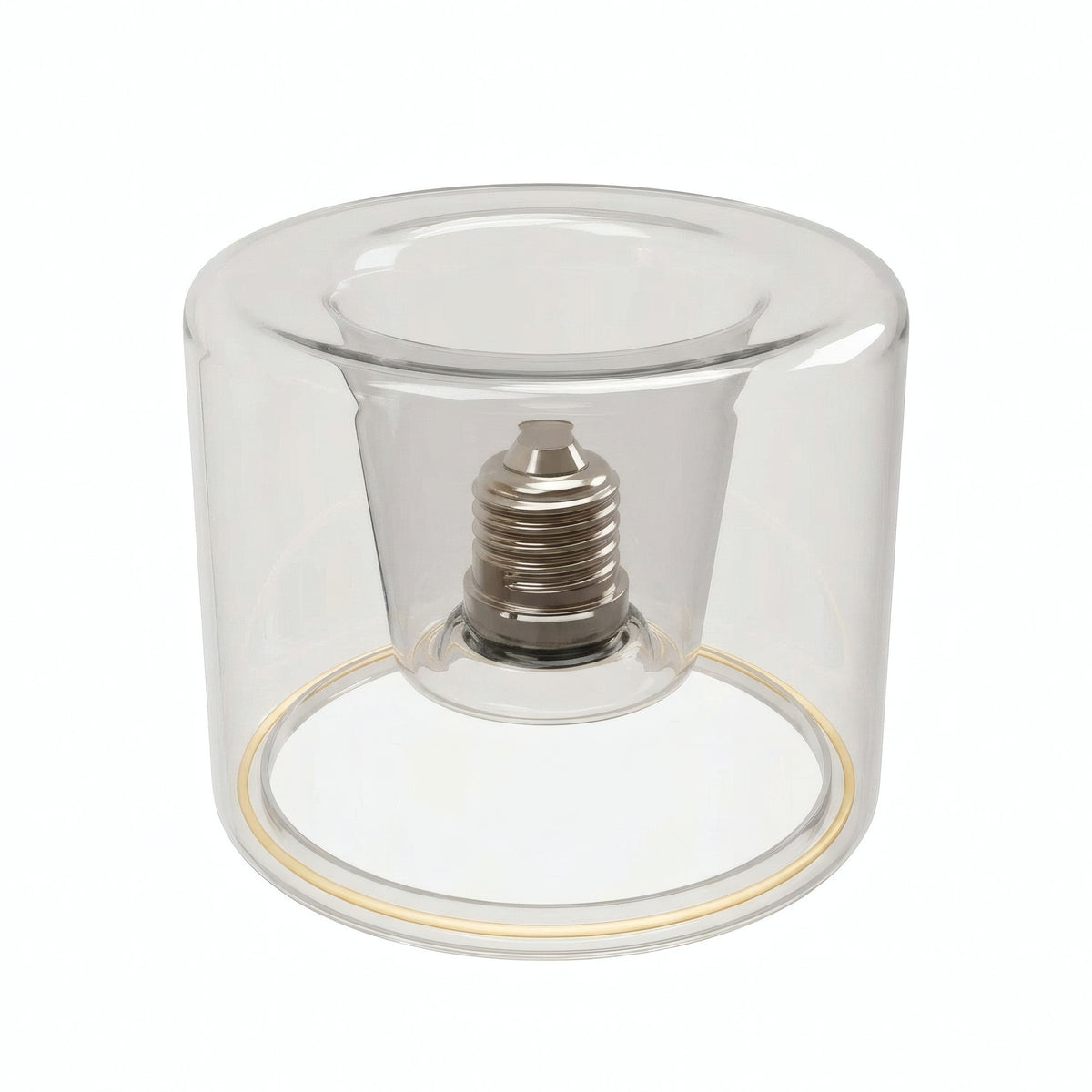 Lampadina LED donut E27 in vetro trasparente, Ø 120 mm, vista leggermente dall'alto, sfondo bianco