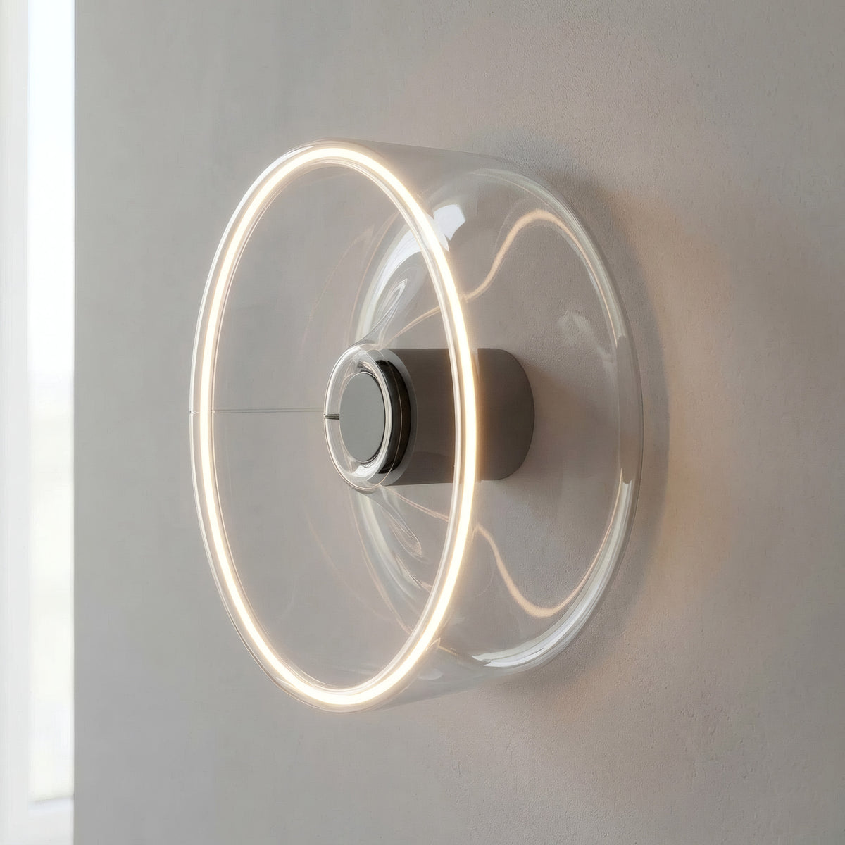 Lampadina LED donut E27 in vetro trasparente, Ø 195 mm, come applique con un alone di luce calda