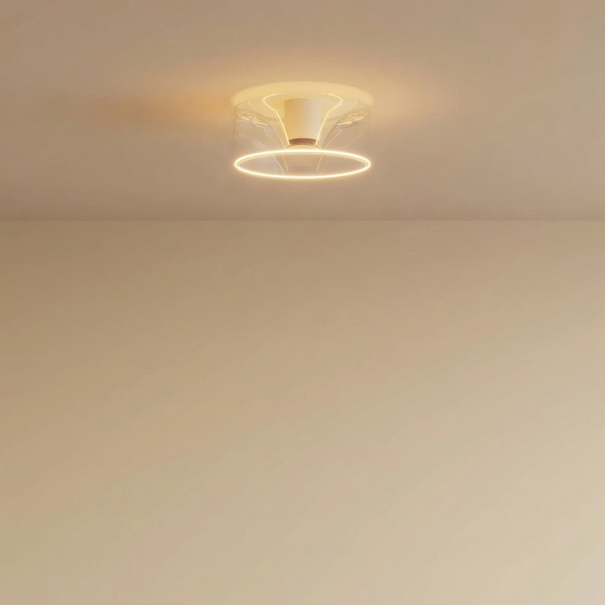 Lampadina LED donut E27 in vetro trasparente, Ø 195 mm, accesa a soffitto in un interno essenziale