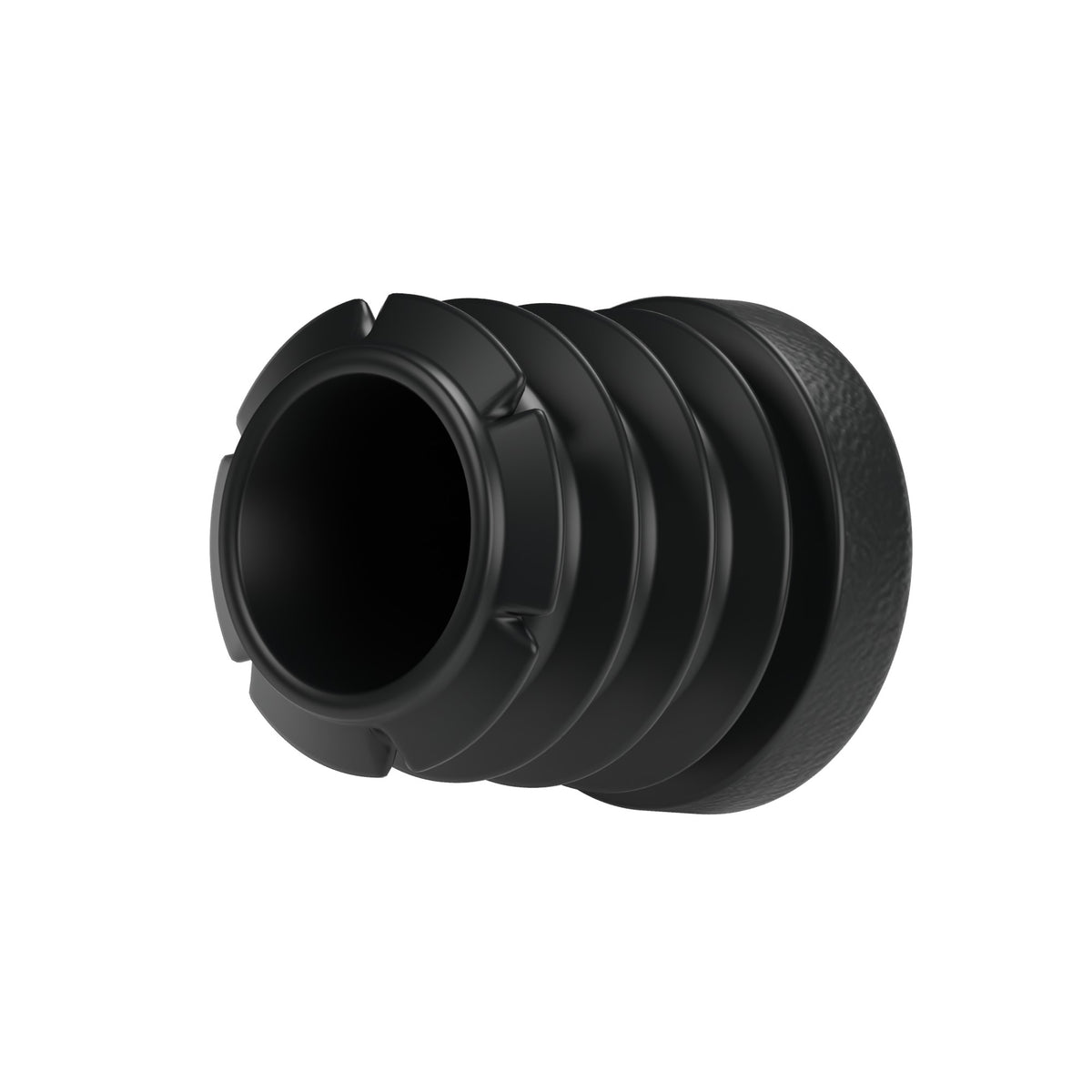 Tappo a lamelle nero per raccordo femmina 1/2″ 15x21, vista dal basso: corpo cavo e lamelle