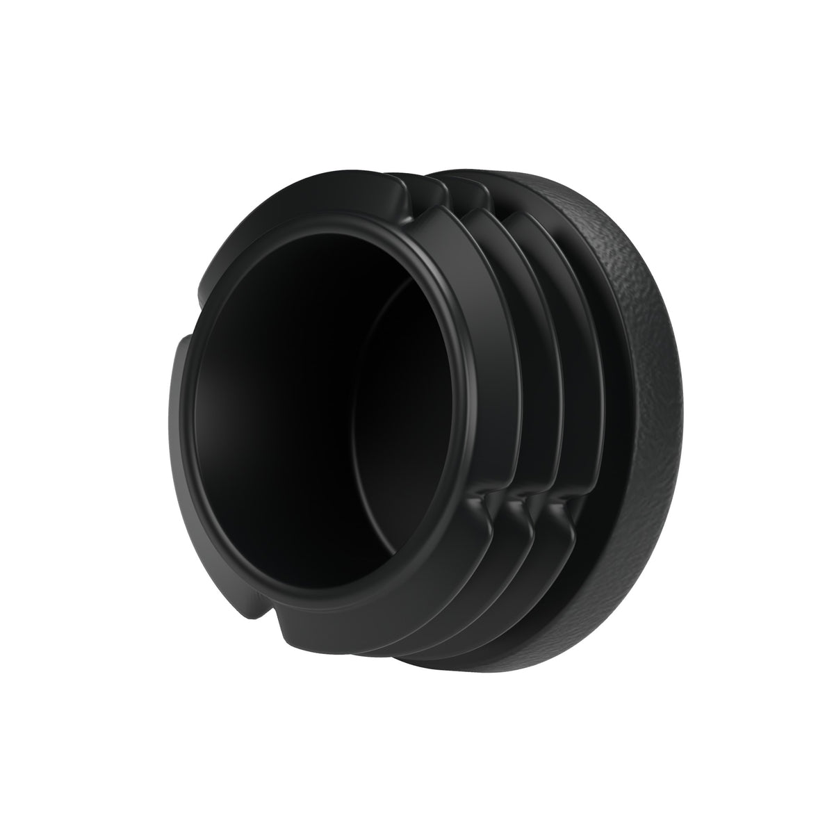 Tappo a lamelle nero per raccordo femmina 3/4″ 20x27, vista dal basso: corpo cavo e lamelle