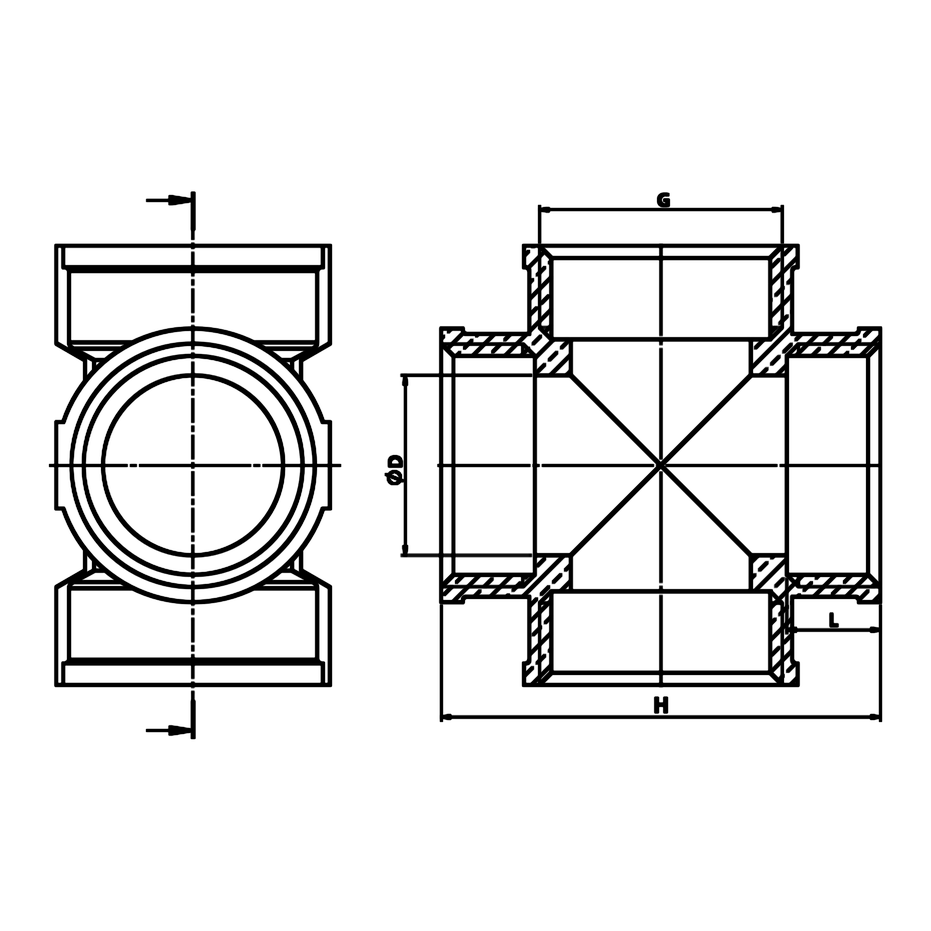 Disegno tecnico quotato: croce F/F/F/F in ottone (rif. 2180)