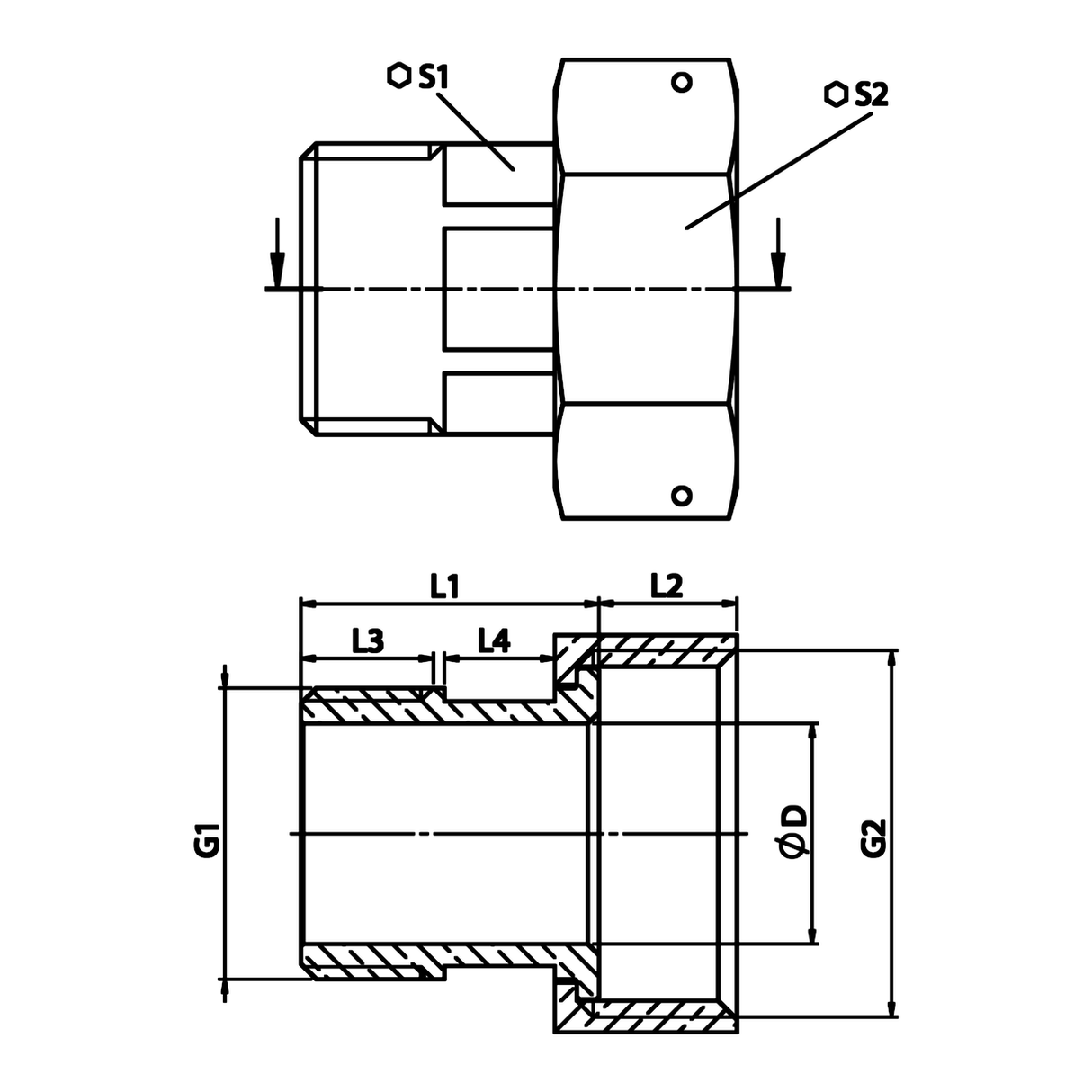 Disegno tecnico quotato: semiraccordo a bocchettone per contatore in ottone, filettatura G (rif. 2308)