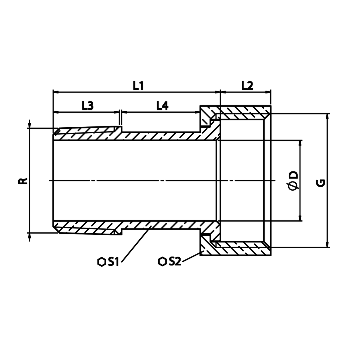 Disegno tecnico quotato: semiraccordo a bocchettone per contatore in ottone, filettatura conica R (rif. 2309)