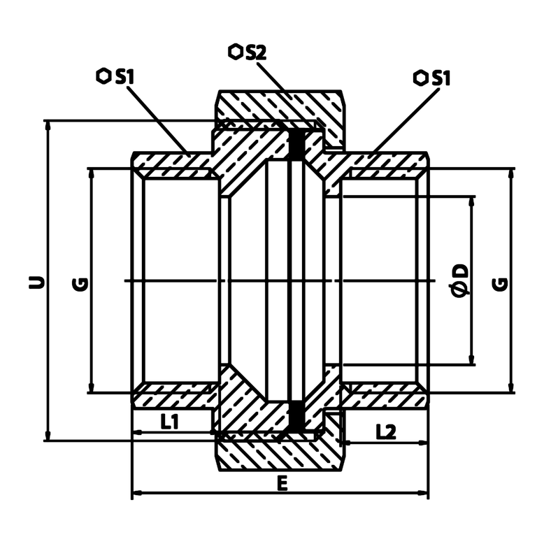 Disegno tecnico quotato: bocchettone a sede piana F/F con guarnizione EPDM in ottone (rif. 2330)