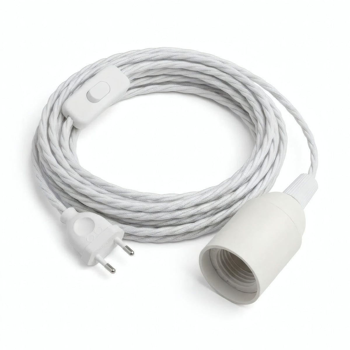 Lampada a sospensione con cavo tessile intrecciato, cotone bianco ottico, portalampada E27