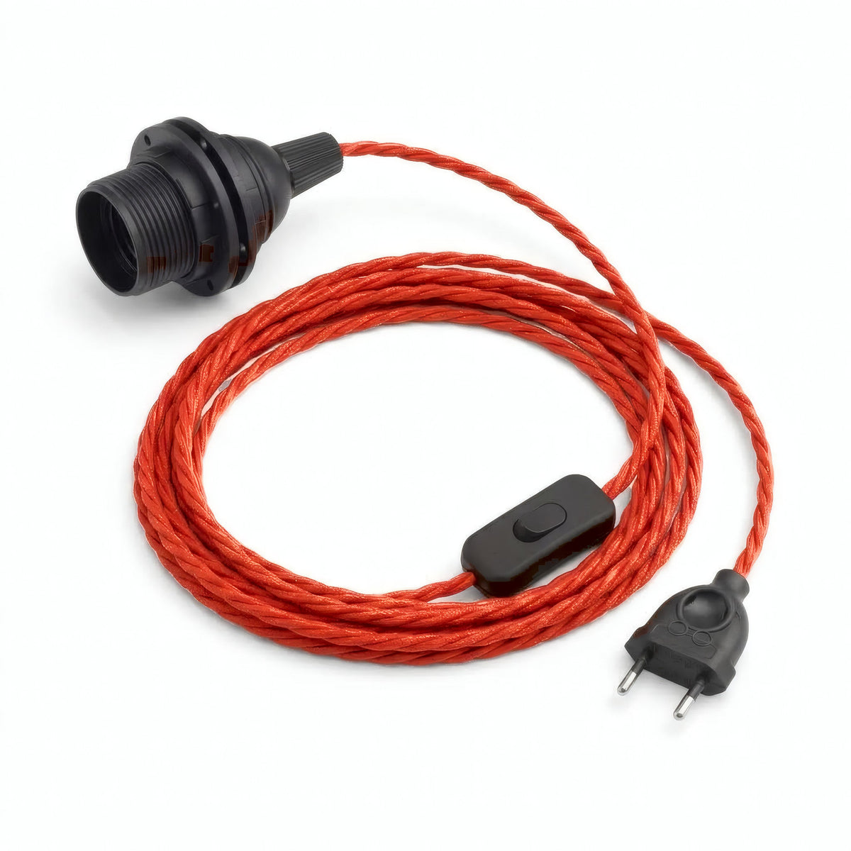 Lampada a sospensione con cavo tessile intrecciato, effetto seta rosso fuoco, portalampada E27 con ghiere per paralume