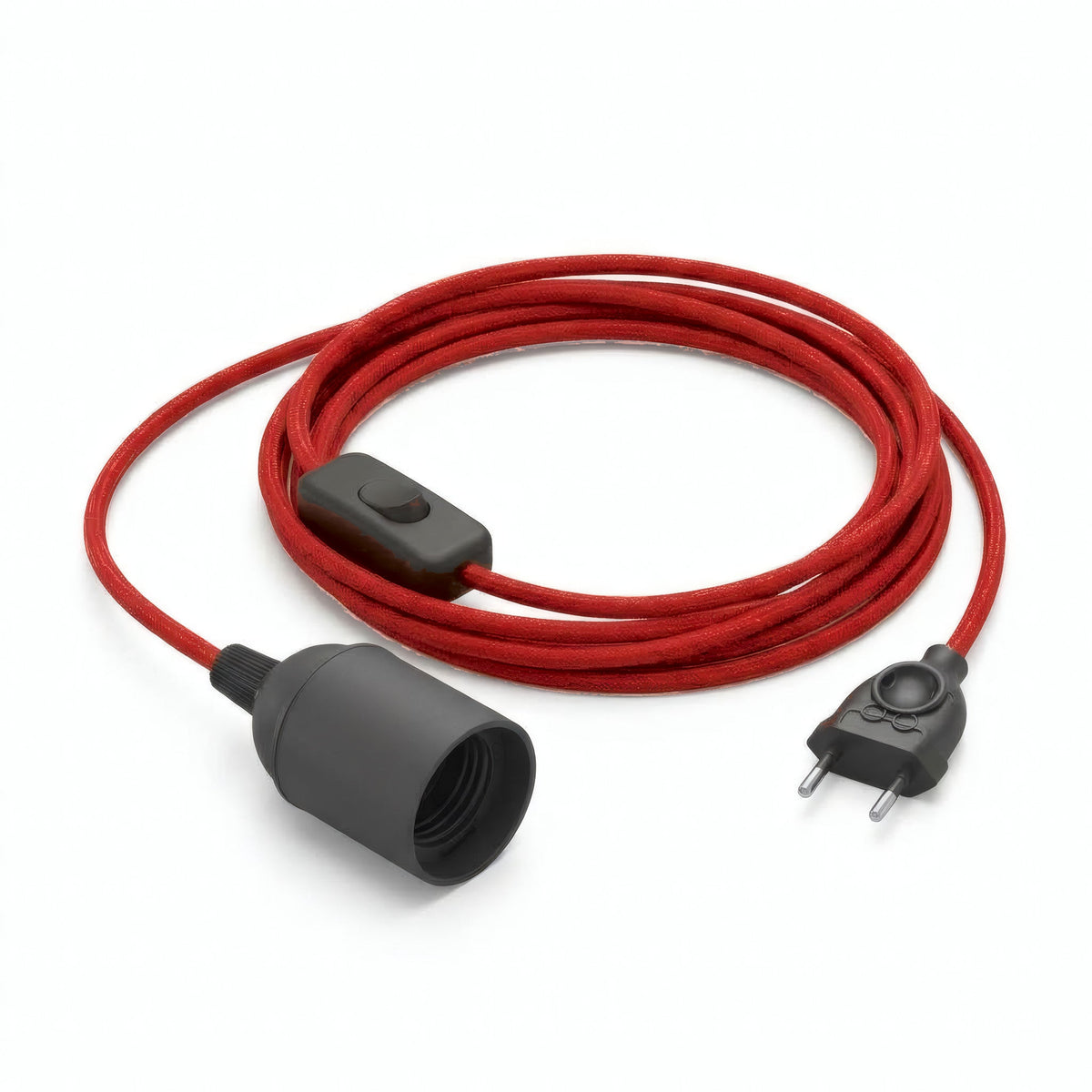 Lampada a sospensione con cavo tessile tinta unita, cotone rosso fuoco, portalampada E27, altra vista