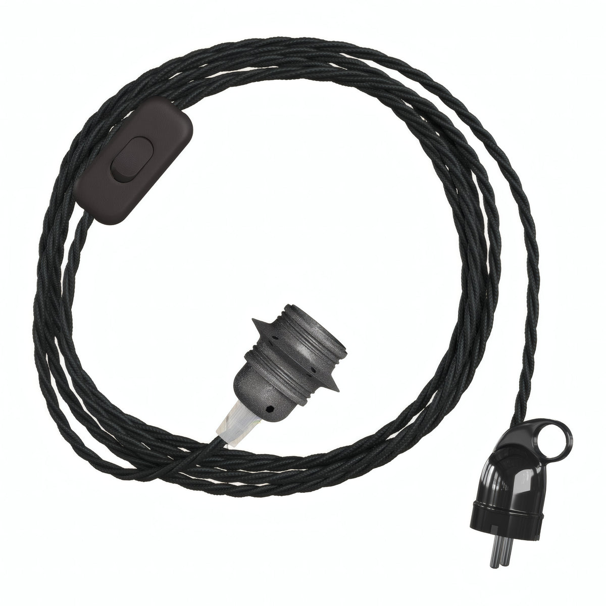Lampada a sospensione con cavo tessile intrecciato, portalampada in metallo grigio scuro e spina Schuko
