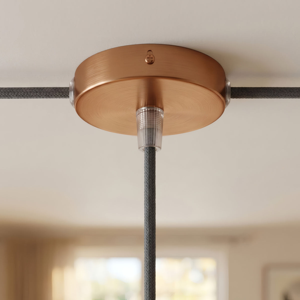 Mini rosone cilindrico in metallo, Ø 83 mm — 1 foro centrale e 2 laterali / Conico in termoplastica / Rame satinato