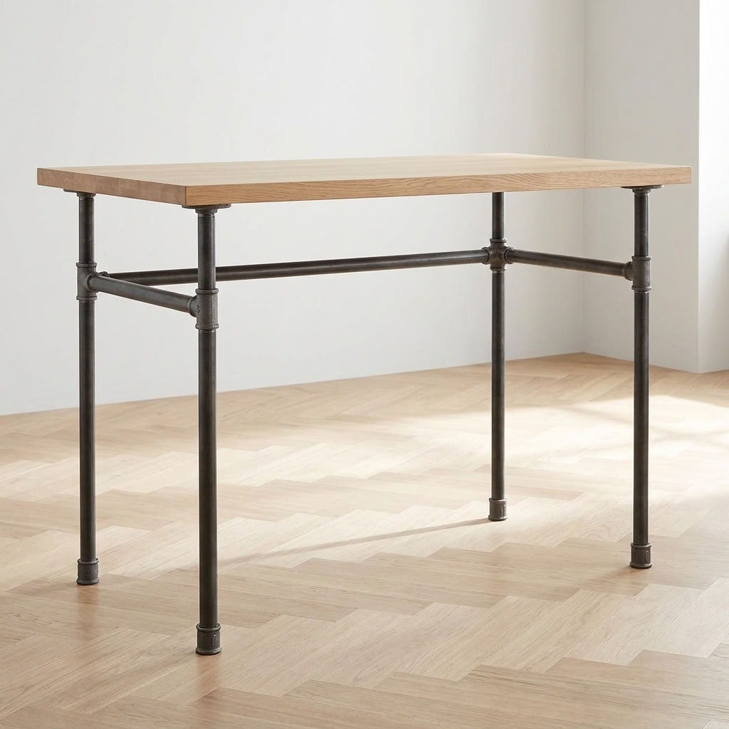 Scrivania industriale con piano in rovere chiaro su base a U in ghisa e acciaio Ø 27 mm, ambientazione (piano non incluso)
