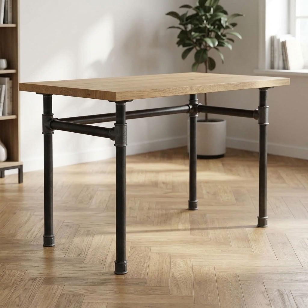 Scrivania industriale con piano in rovere chiaro su base a U in ghisa e acciaio Ø 42 mm, ambientazione (piano non incluso)