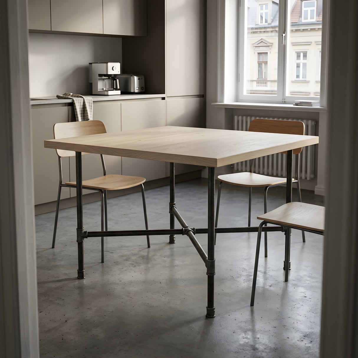 Base per tavolo da pranzo, ghisa e acciaio verniciato, a croce Ø 27 mm, in ambiente sotto un piano in rovere sbiancato