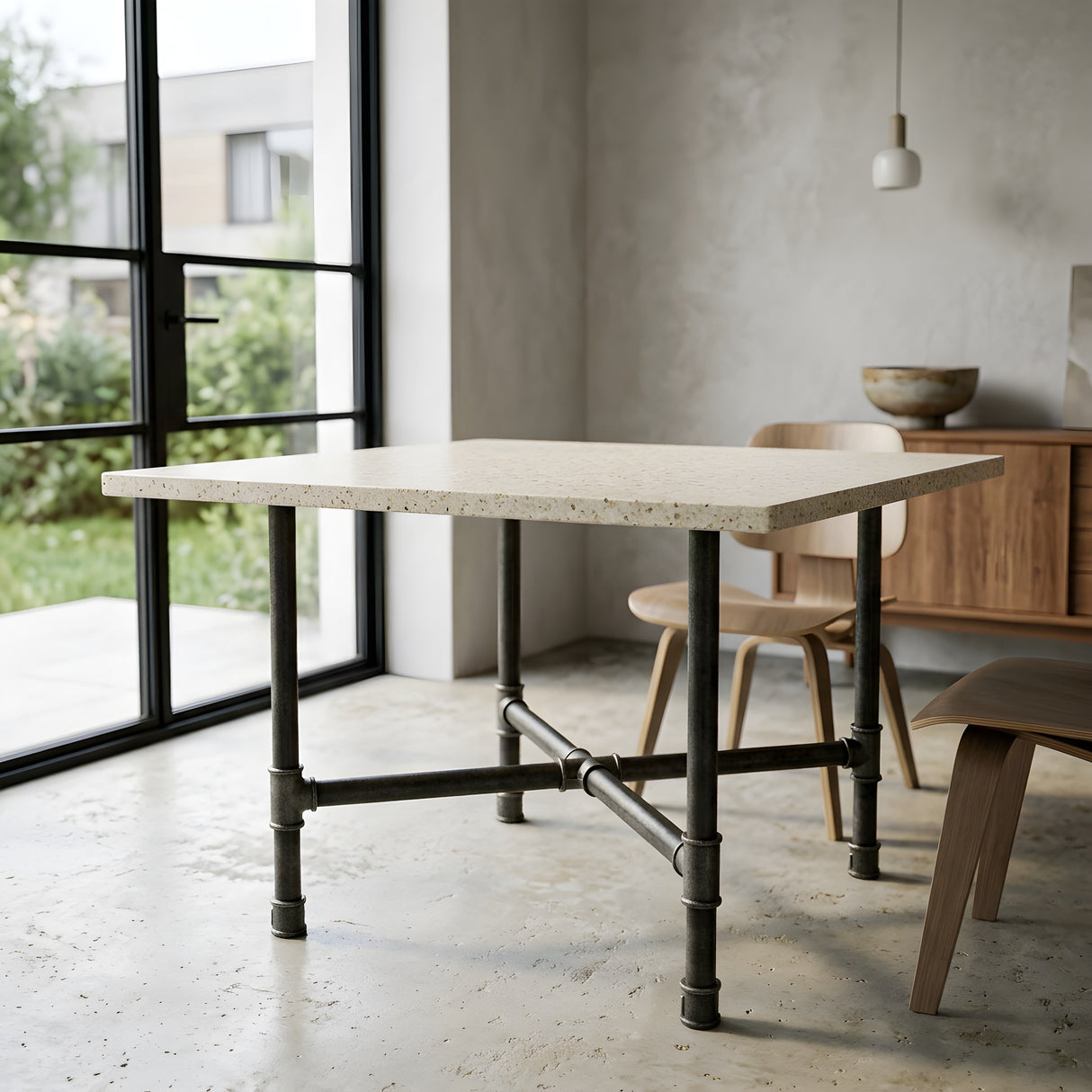 Base per tavolo da pranzo, ghisa e acciaio verniciato, a croce Ø 42 mm, in ambiente sotto un piano in terrazzo chiaro