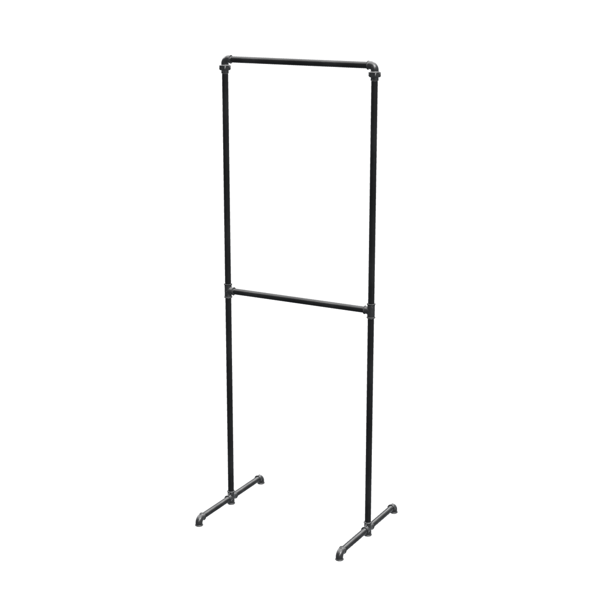 Portant à vêtements autoportant double niveau en tuyaux de plomberie noirs Ø 27 mm — largeur 70 cm, hauteur 216 cm, vue de trois quarts sur fond blanc