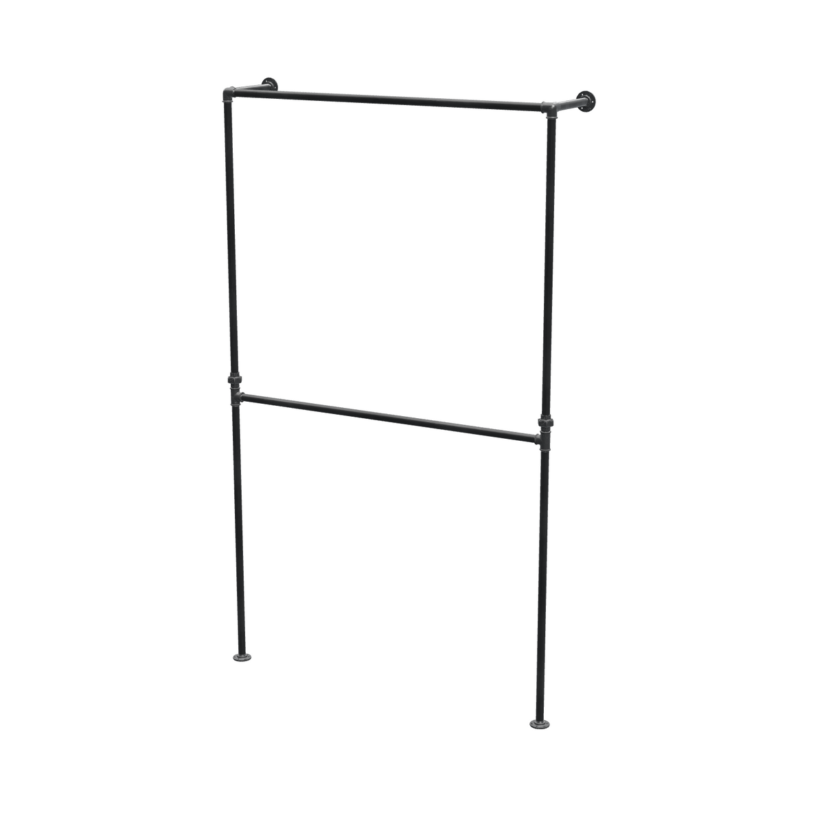 Portant de penderie sol-mur à deux barres en tuyaux de plomberie noirs Ø 27 mm — largeur 120 cm, vue de trois quarts sur fond blanc