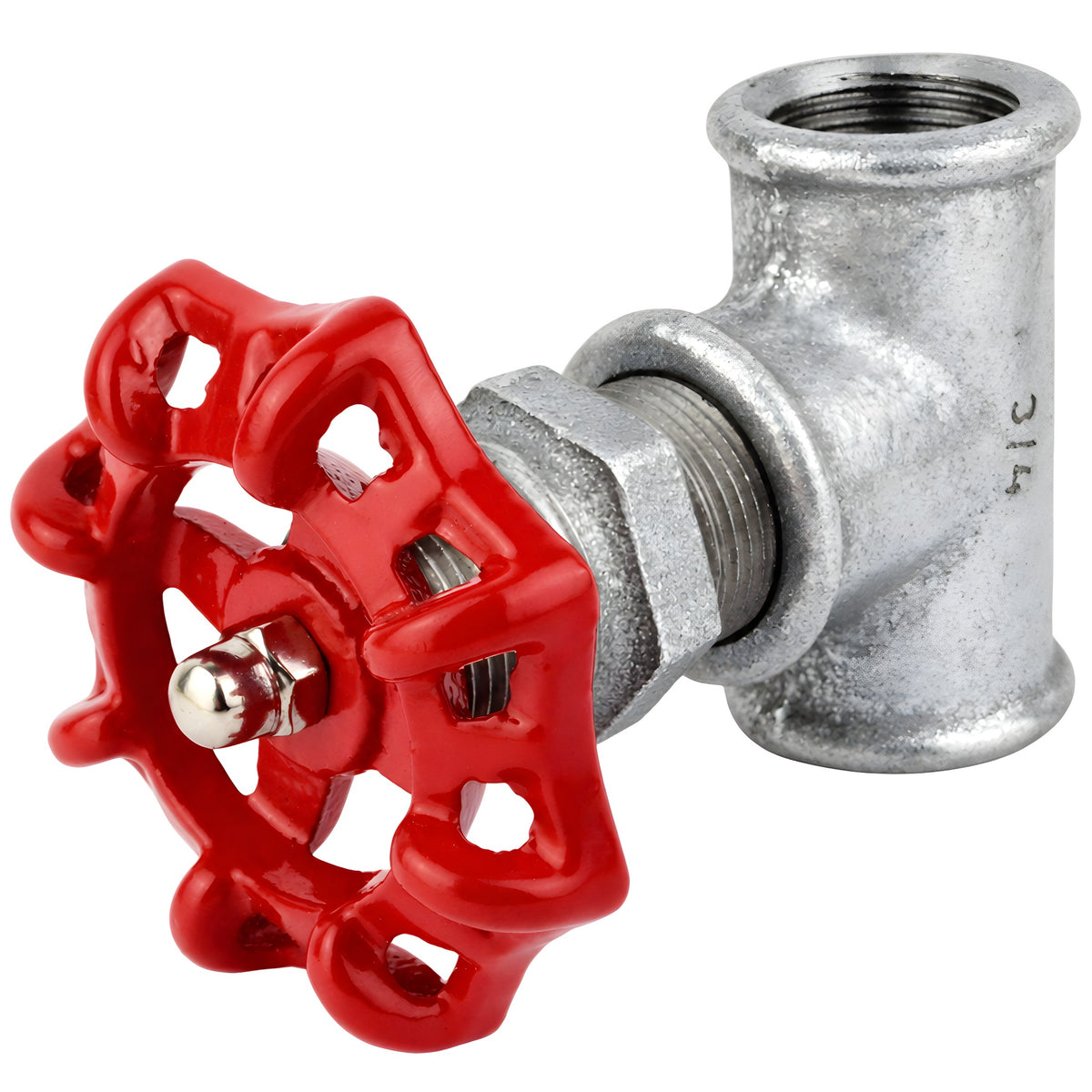 Raccordo stile valvola da 3/4'' con volantino rosso da 72 mm, dado in acciaio inox, raccordo in ghisa zincata