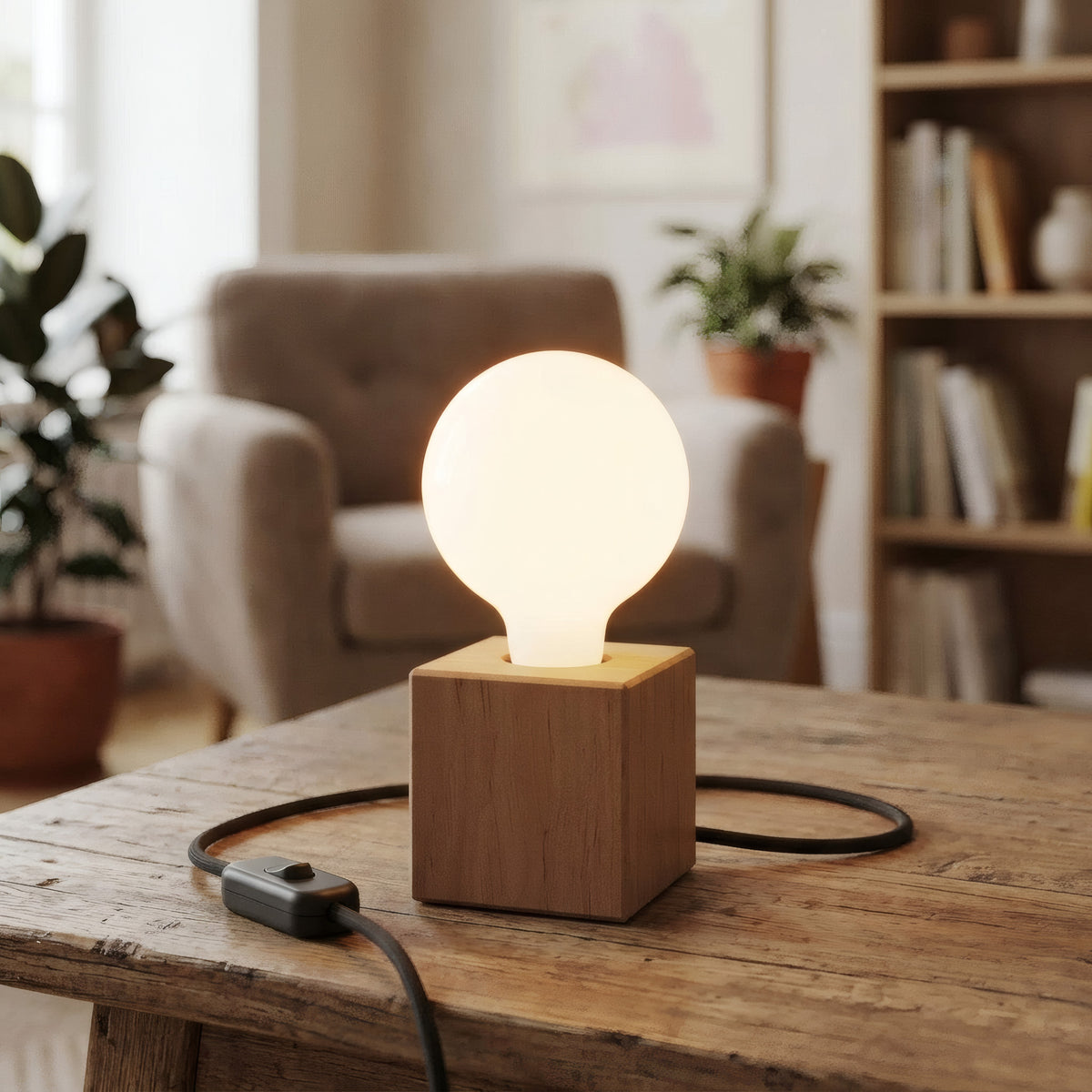 Base per lampada a cubo in ontano per portalampada E27