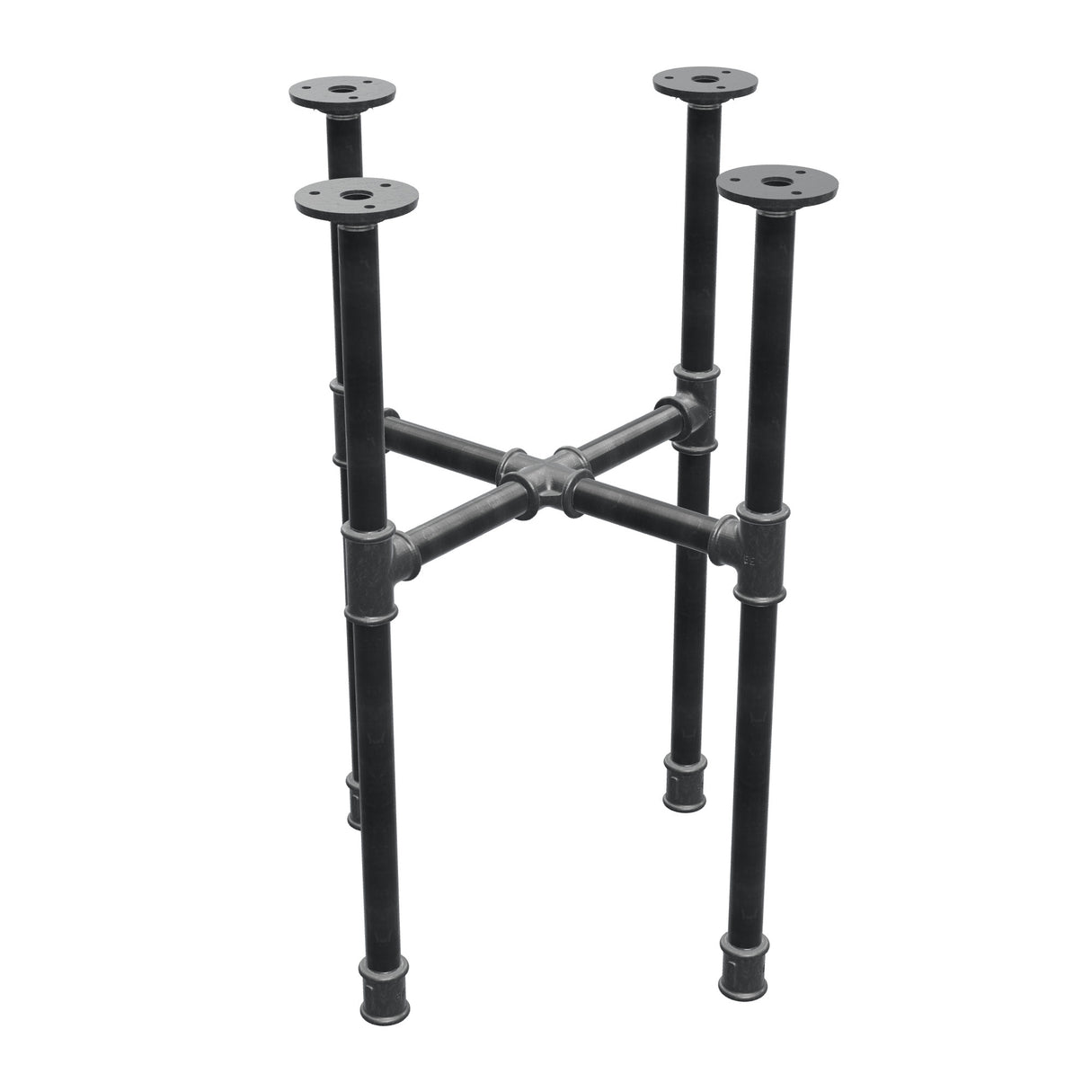 Basamento per tavolino industriale in ghisa, gambe a croce, 38 × 38 cm, altezza 52 cm, vista di tre quarti
