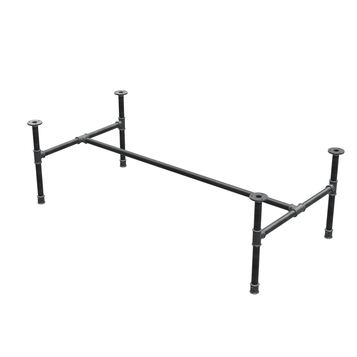 Base per tavolino industriale in ghisa, struttura a H, 131 × 65 cm, altezza 42 cm, vista di tre quarti