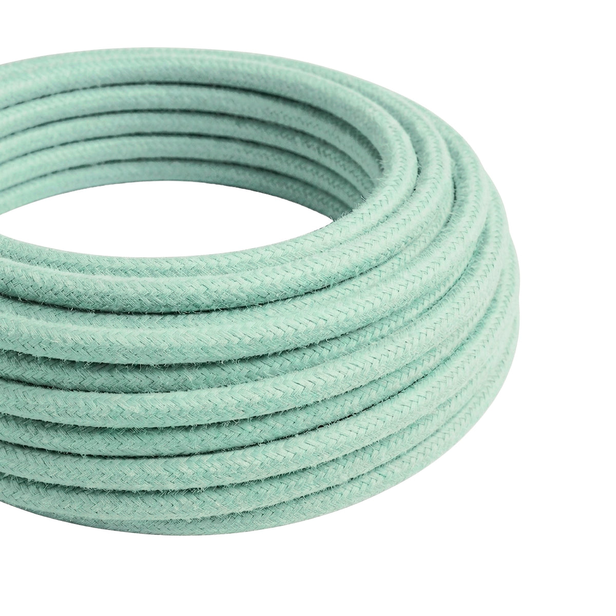 Cavo tessile rotondo in cotone – Latte e menta, matassa in primo piano