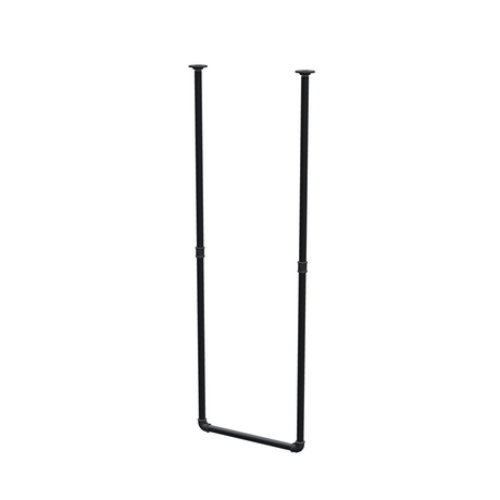 Appendiabiti da soffitto in tubo d'acciaio verniciato nero opaco Ø 27 mm — larghezza 46 cm, altezza sotto il soffitto 143 cm, vista di tre quarti su fondo bianco