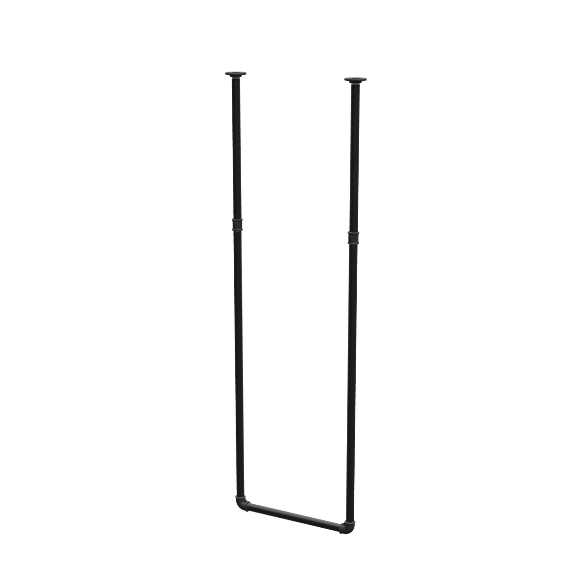 Portant à vêtements suspendu au plafond en tubes d'acier peints noir mat Ø 27 mm — largeur 46 cm, hauteur sous plafond 153 cm, vue de trois quarts sur fond blanc