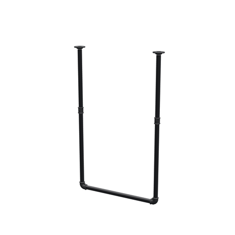 Appendiabiti da soffitto in tubo d'acciaio verniciato nero opaco Ø 27 mm — larghezza 56 cm, altezza sotto il soffitto 93 cm, vista di tre quarti su fondo bianco
