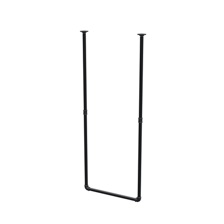 Appendiabiti da soffitto in tubo d'acciaio verniciato nero opaco Ø 27 mm — larghezza 56 cm, altezza sotto il soffitto 143 cm, vista di tre quarti su fondo bianco
