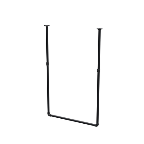 Appendiabiti da soffitto in tubo d'acciaio verniciato nero opaco Ø 27 mm — larghezza 76 cm, altezza sotto il soffitto 123 cm, vista di tre quarti su fondo bianco