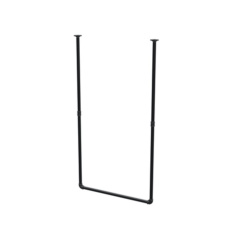 Appendiabiti da soffitto in tubo d'acciaio verniciato nero opaco Ø 27 mm — larghezza 76 cm, altezza sotto il soffitto 143 cm, vista di tre quarti su fondo bianco