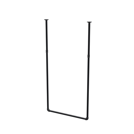 Appendiabiti da soffitto in tubo d'acciaio verniciato nero opaco Ø 27 mm — larghezza 76 cm, altezza sotto il soffitto 153 cm, vista di tre quarti su fondo bianco