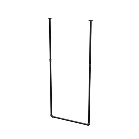 Appendiabiti da soffitto in tubo d'acciaio verniciato nero opaco Ø 27 mm — larghezza 76 cm, altezza sotto il soffitto 173 cm, vista di tre quarti su fondo bianco