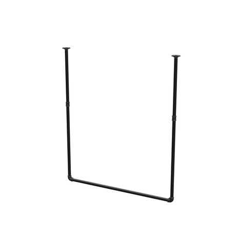 Appendiabiti da soffitto in tubo d'acciaio verniciato nero opaco Ø 27 mm — larghezza 106 cm, altezza sotto il soffitto 123 cm, vista di tre quarti su fondo bianco