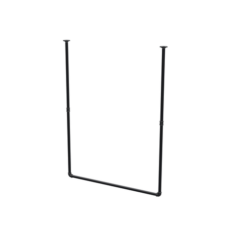 Appendiabiti da soffitto in tubo d'acciaio verniciato nero opaco Ø 27 mm — larghezza 106 cm, altezza sotto il soffitto 143 cm, vista di tre quarti su fondo bianco