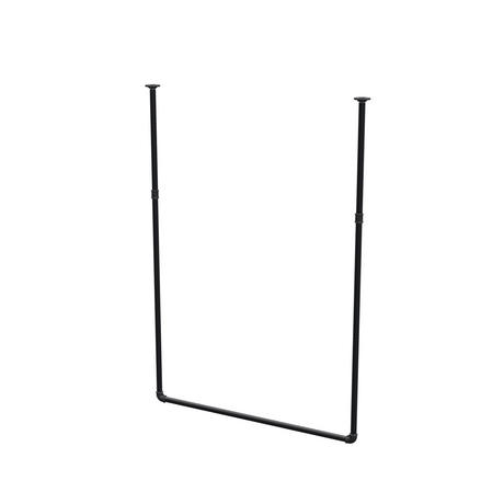 Appendiabiti da soffitto in tubo d'acciaio verniciato nero opaco Ø 27 mm — larghezza 106 cm, altezza sotto il soffitto 153 cm, vista di tre quarti su fondo bianco