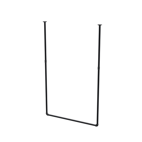 Appendiabiti da soffitto in tubo d'acciaio verniciato nero opaco Ø 27 mm — larghezza 106 cm, altezza sotto il soffitto 173 cm, vista di tre quarti su fondo bianco