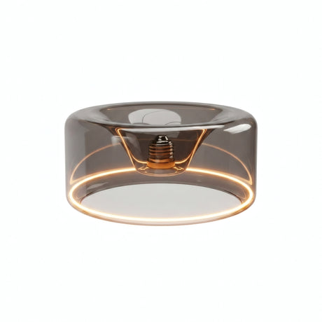 Lampadina LED donut E27 in vetro fumé, Ø 195 mm, accesa, anello luminoso caldo, sfondo bianco