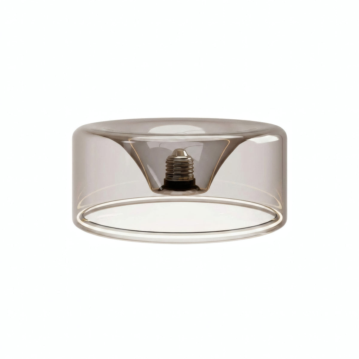 Lampadina LED donut E27 in vetro fumé, Ø 195 mm, vista di tre quarti, sfondo bianco