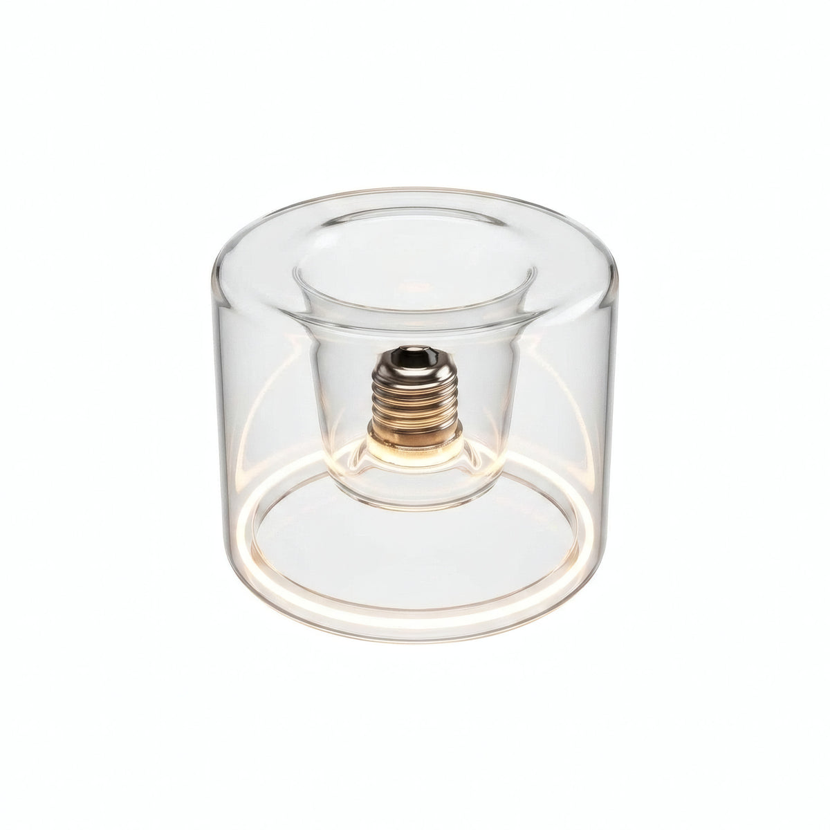 Lampadina LED donut E27 in vetro trasparente, Ø 120 mm, accesa, anello luminoso caldo, sfondo bianco