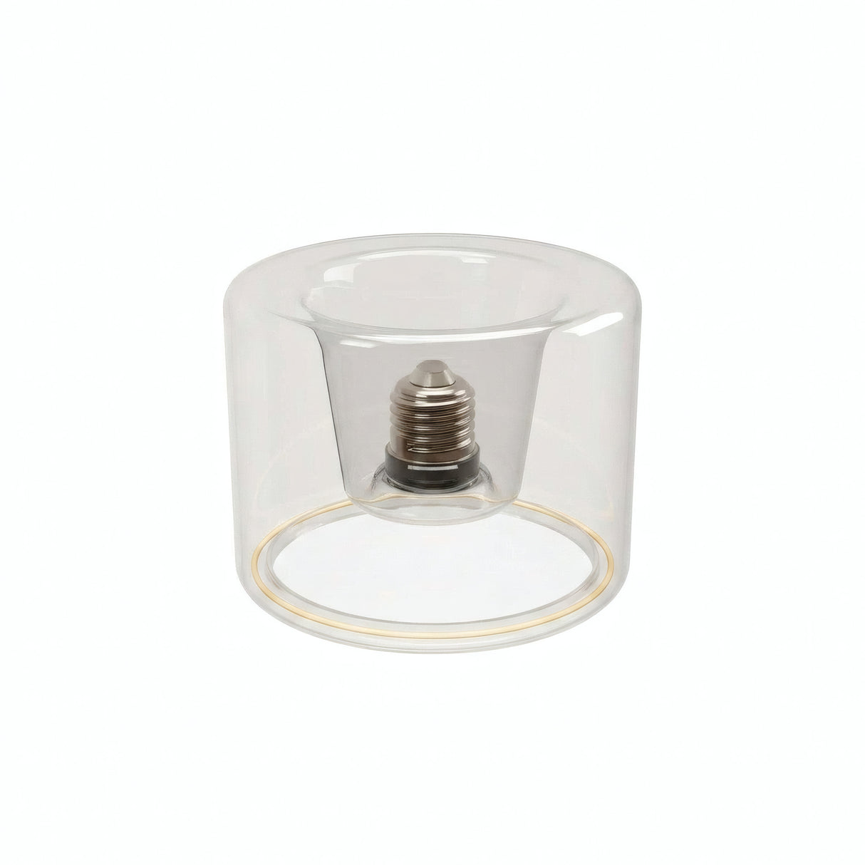 Lampadina LED donut E27 in vetro trasparente, Ø 120 mm, vista di tre quarti, sfondo bianco