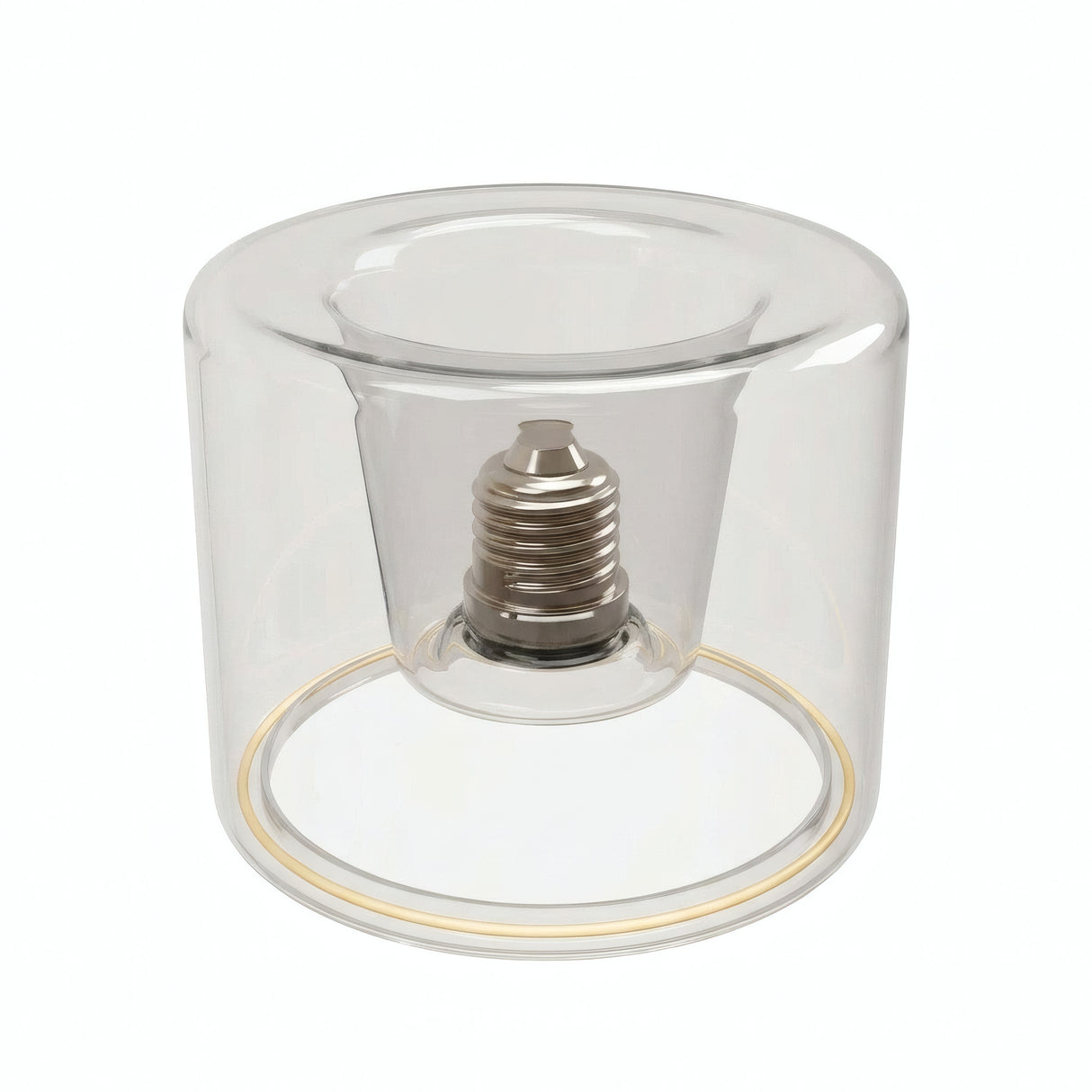 Lampadina LED donut E27 in vetro trasparente, Ø 120 mm, vista leggermente dall'alto, sfondo bianco