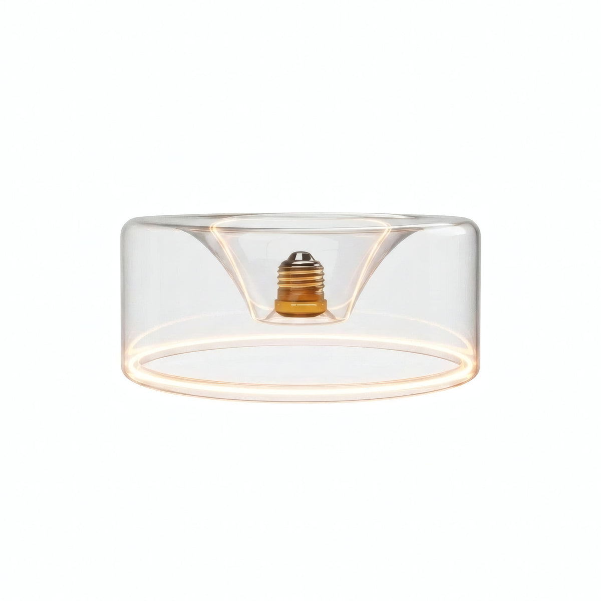 Lampadina LED donut E27 in vetro trasparente, Ø 195 mm, accesa, anello luminoso caldo, sfondo bianco