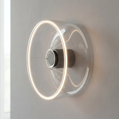 Lampadina LED donut E27 in vetro trasparente, Ø 195 mm, come applique con un alone di luce calda