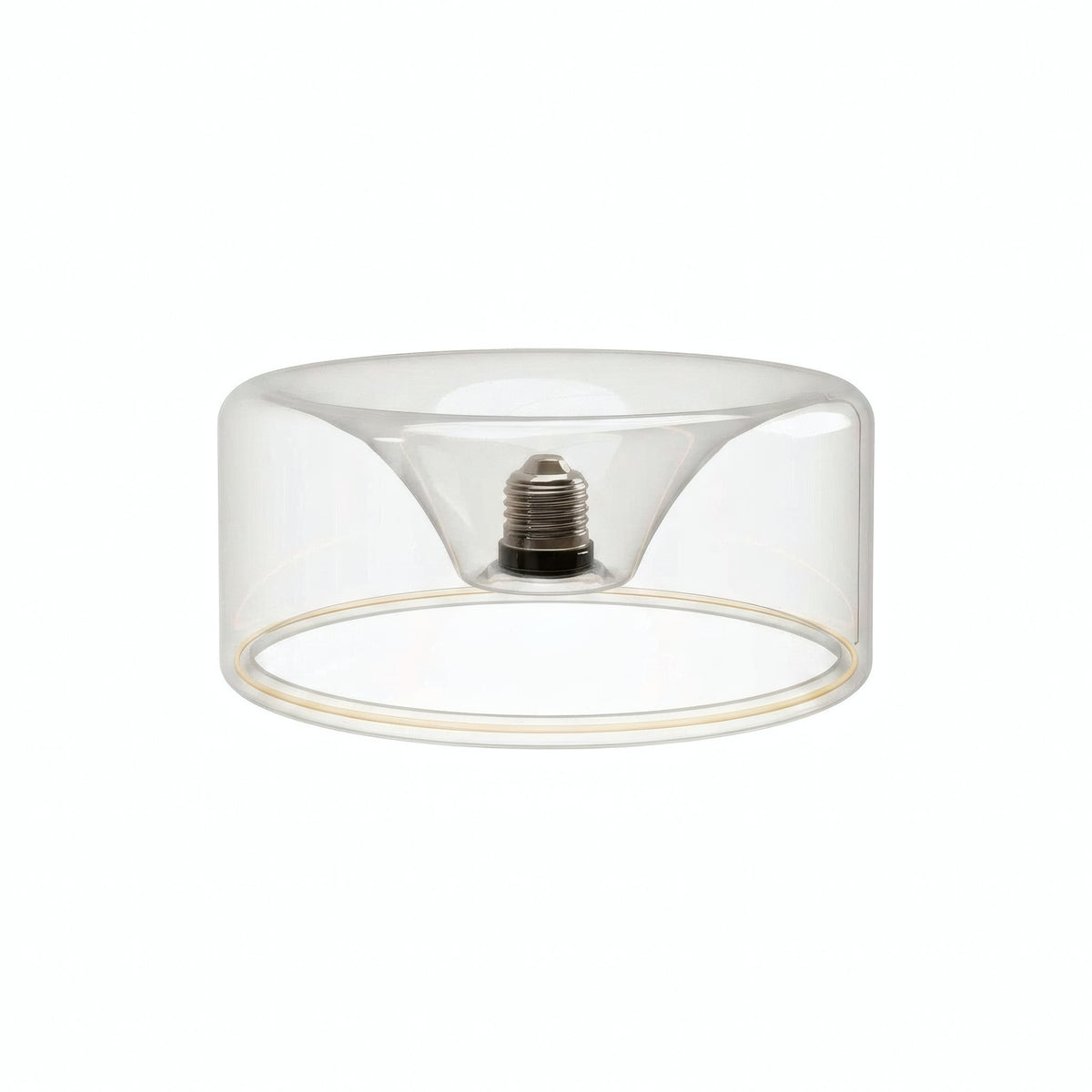 Lampadina LED donut E27 in vetro trasparente, Ø 195 mm, spenta, attacco E27 incassato visibile, sfondo bianco